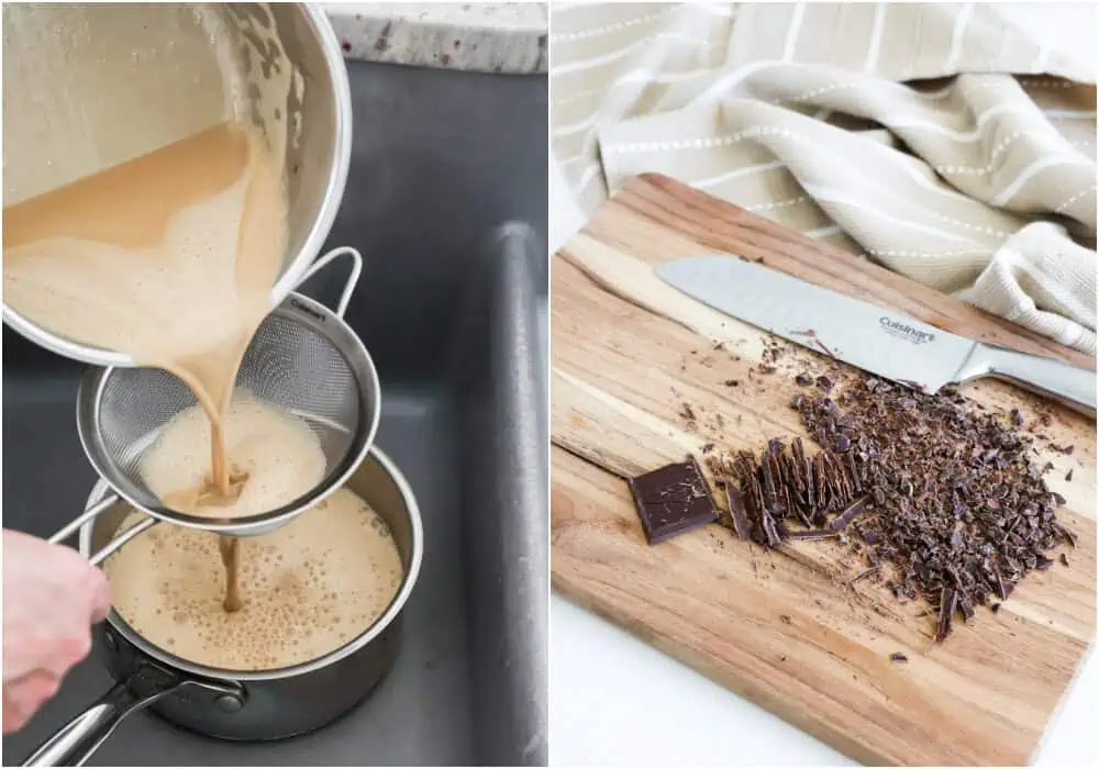 Some of the steps for making coffee ice cream. Pour the custard through a fine mesh screen and refrigerate for several hours up to overnight. Finely chop the bittersweet or dark chocolate.