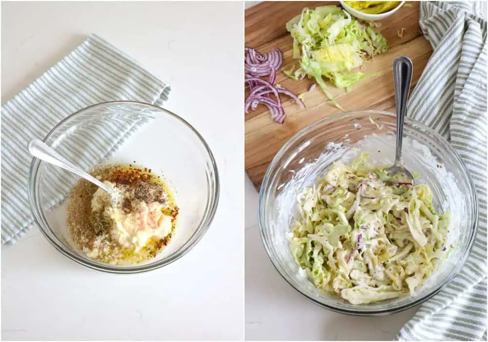 Some of the steps to making Italian grinder sandwiches. In a large bowl, mix the mayonnaise, red wine vinegar, olive oil, oregano, garlic, salt, black pepper, and red pepper flakes. Gently mix in the pepperoncini, red onion, and iceberg lettuce.  