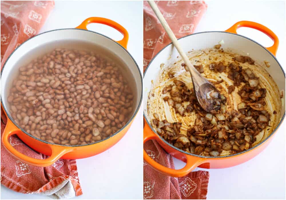 Some of the steps for making pinto beans. The night before you wish to cook the pinto bean recipe, rinse the beans and sort through them, removing any pebbles. Add the beans to a large pot, cover them with cold water, and soak overnight in the refrigerator. Drain the beans in a colander in the sink and rinse.

Dry the pot and heat the olive oil over medium-low heat. Add the onion and cook until soft, stirring frequently. Reduce the heat to low and add the garlic, cumin, marjoram, paprika, and ground cayenne pepper. Cook for 1-2 minutes while stirring.