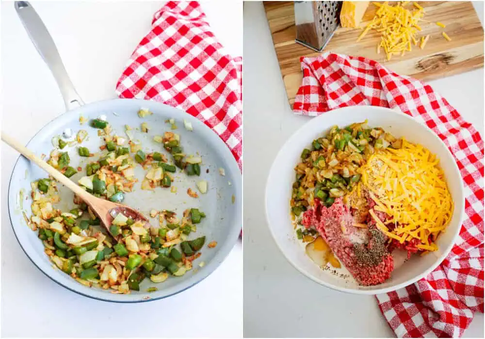 Some of the steps for making Cracker Barrel Meatloaf. Saute the onions and bell peppers until soft. Stir in the wood-fired garlic in the last minute of cooking and let the mixture cool a bit. Combine the ground beef, crushed Ritz crackers, eggs, cheddar cheese, milk, salt, and black pepper in a large bowl. 