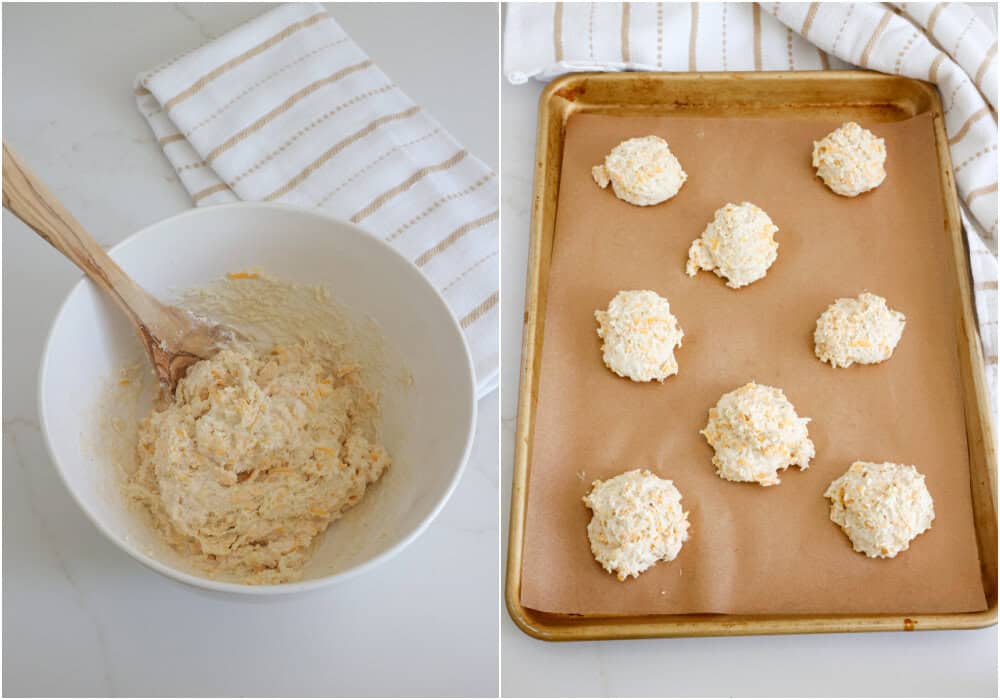 Some of the steps to making cheddar bay biscuits. Add the buttermilk mixture to the flour mixture and stir just to combine. Do not overmix. Using a 3-tablespoon scoop, place the dough on a parchment paper-covered baking sheet. Leave about 2-2 1/2 inches of space between the biscuits. 