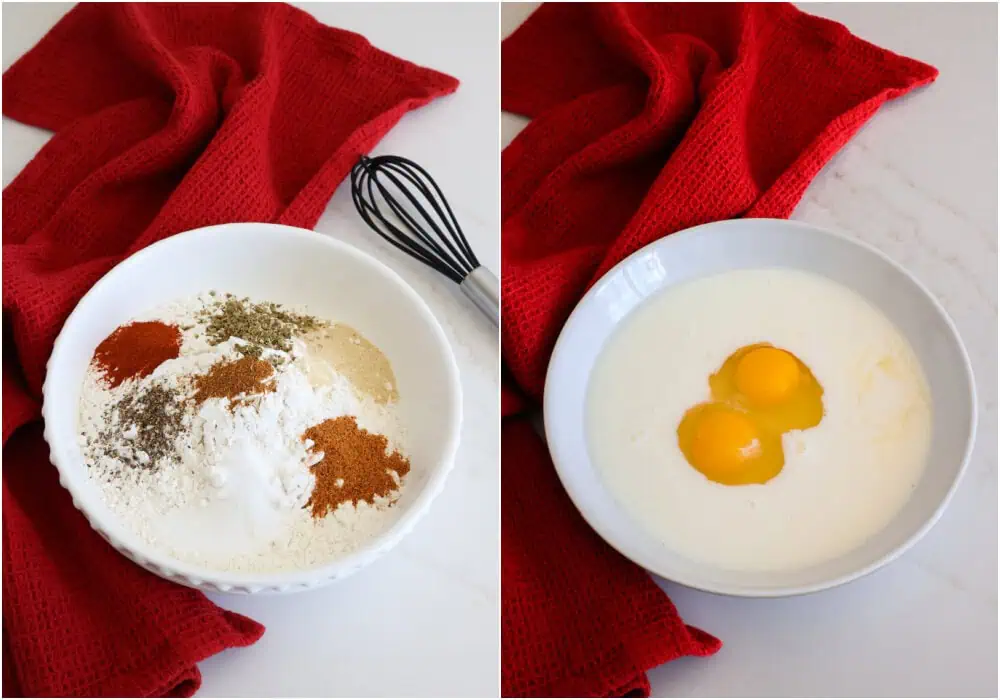 Some of the steps to making popcorn chicken. In a wide bowl, whisk the flour, cornstarch, salt, black pepper, garlic powder, onion powder, dried oregano, smoked paprika, and cayenne pepper. In a deeper bowl, whisk the milk and lemon juice. Let it sit for a few minutes, then whisk in the eggs.