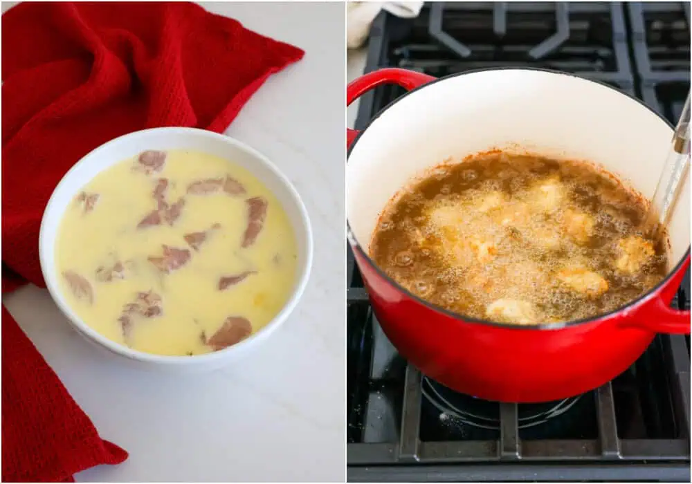 Some of the steps to making popcorn chicken. Add the chicken pieces to the egg mixture and let them rest for about 20 minutes. Using a slotted spoon, remove the chicken from the buttermilk marinade and toss it in the flour mixture, turning on all sides to coat. Heat the oil to 350 degrees and fry the chicken for 3-4 minutes or until cooked through. 