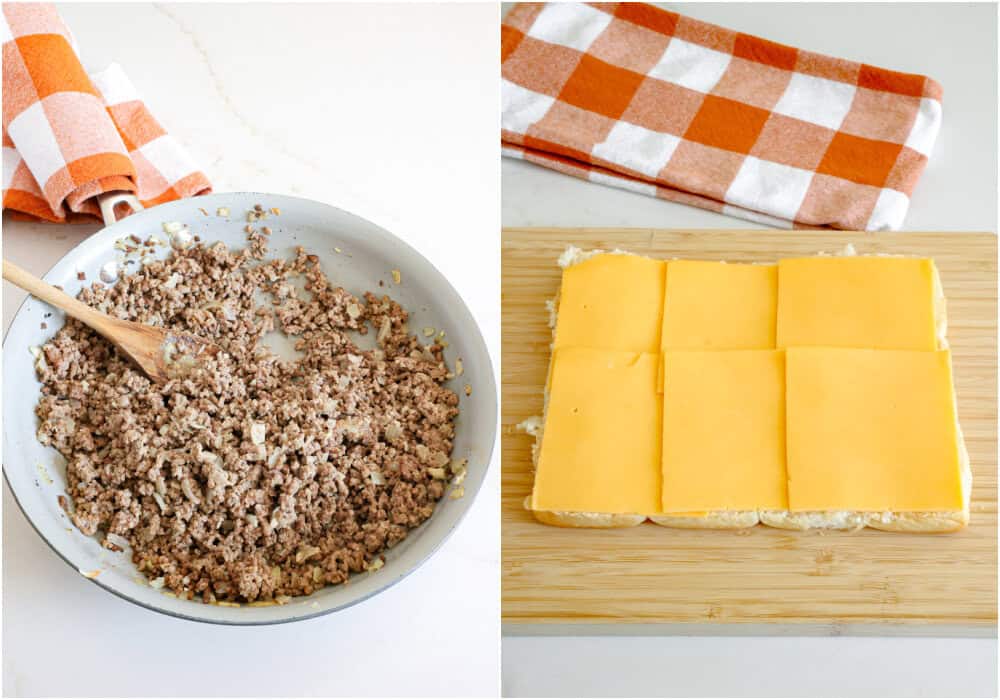 Some of the steps for making cheeseburger sliders. Brown the ground beef in a large skillet over medium heat. When it is about halfway browned, add the onion and continue cooking until the beef is brown and the onion is soft. Carefully remove any excess fat. Return the skillet to the burner and reduce the heat to low. Add the garlic and cook for a minute while stirring. Stir in the mayonnaise, Worcestershire sauce, Dijon mustard, salt, and black pepper. Slice the Hawaiian buns in half without separating them. Lay the slices of cheddar on the bottom half.
