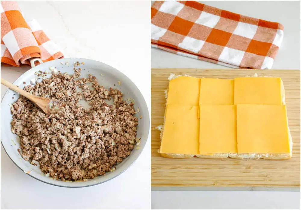 Some of the steps for making cheeseburger sliders. Brown the ground beef in a large skillet over medium heat. When it is about halfway browned, add the onion and continue cooking until the beef is brown and the onion is soft. Carefully remove any excess fat. Return the skillet to the burner and reduce the heat to low. Add the garlic and cook for a minute while stirring. Stir in the mayonnaise, Worcestershire sauce, Dijon mustard, salt, and black pepper. Slice the Hawaiian buns in half without separating them. Lay the slices of cheddar on the bottom half.