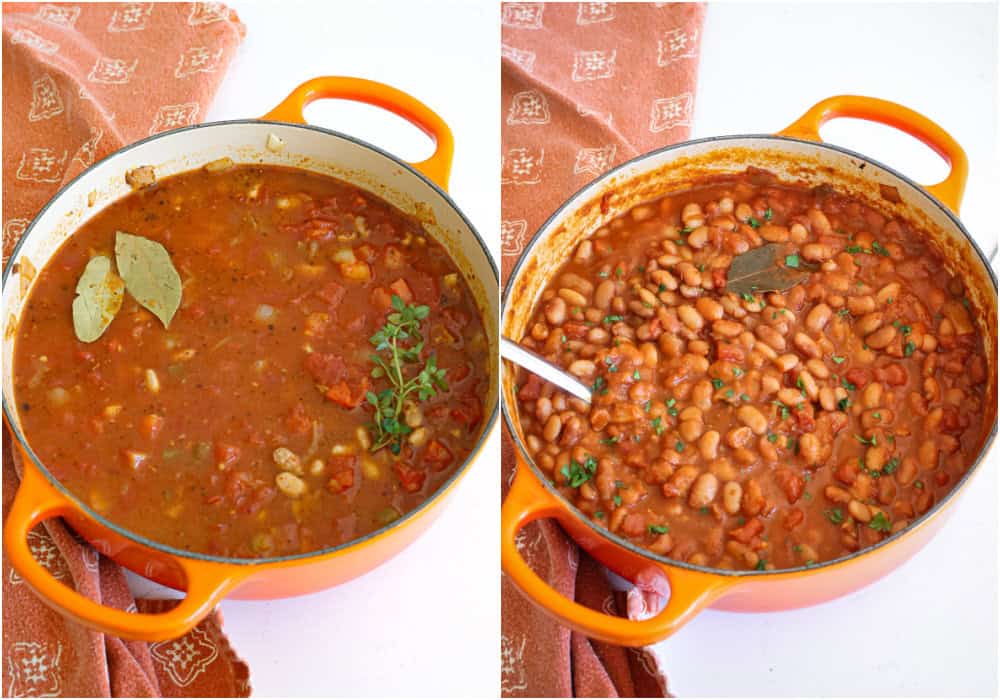 Some of the steps for making pinto beans. Stir in the tomato paste, diced tomatoes with green chilies, bay leaves, thyme, and broth. Cover and bring the mixture to a boil. Reduce and simmer until the beans are tender, or about 1 1/2-2 hours. 