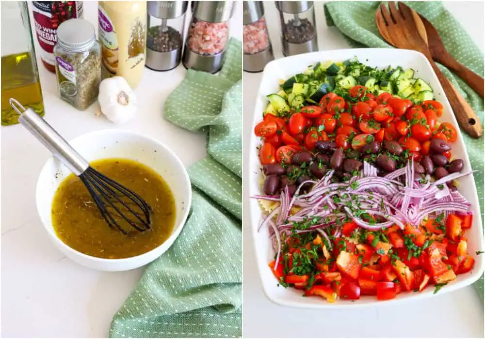 Some of the steps for making Greek pasta salad. Whisk the red wine vinegar, olive oil, Dijon mustard, garlic, dried oregano, salt, and freshly ground black pepper. Place the cooled pasta in a large bowl. Add the onion, cucumber, tomatoes, bell pepper, kalamata olives, feta cheese, and parsley.