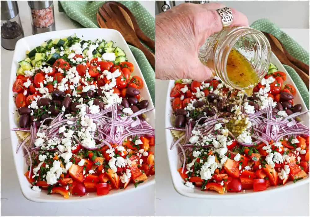 Some of the steps for making Greek pasta salad. Drizzle with the mustard vinaigrette and toss to coat.