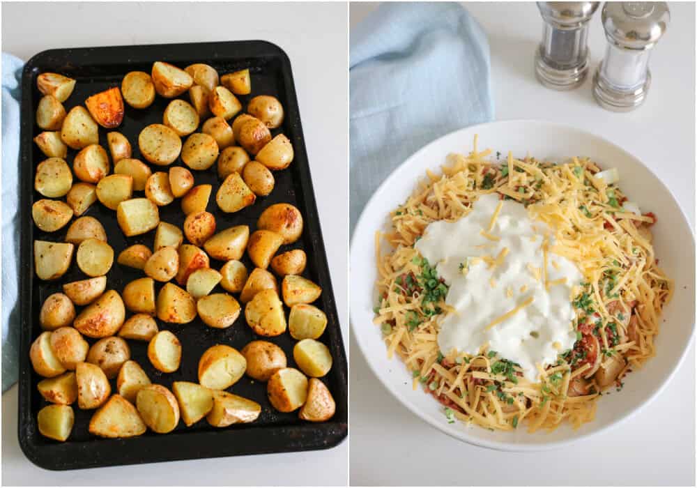 Some of the steps to making loaded baked potato salad. Carefully spread the potatoes on the baking sheet with the bacon grease. Bake for about 30 minutes or until tender, flipping halfway through the baking time. Cool the potatoes for a few minutes. Add the potatoes, bacon, hard-boiled eggs, cheddar, green onions, and parsley to a large serving bowl. Then, add the dressing and stir to coat.