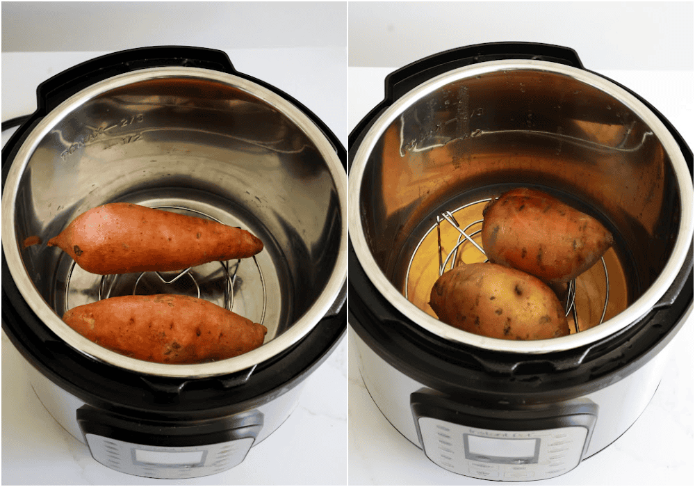 Two pictures of different size sweet potatoes in an instant pot. 