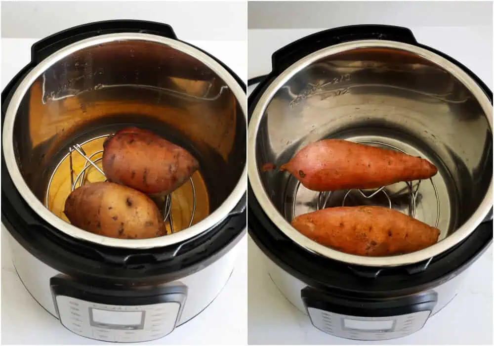 Two pictures of different size sweet potatoes in an instant pot. 