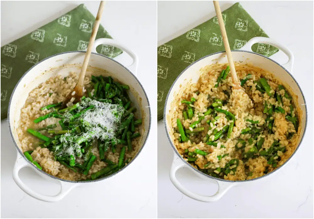 Some of the steps to making aspragus risotto. Stir in the sautéed asparagus, Parmesan cheese, marjoram, and fresh thyme. Season with salt and freshly ground black pepper.
