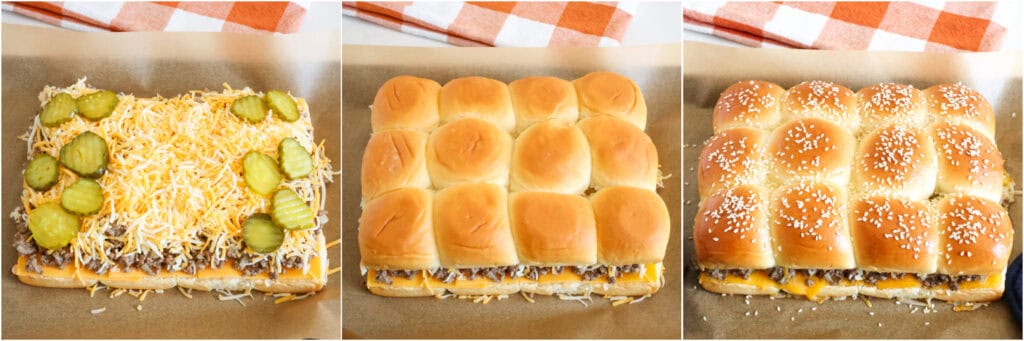 Some of the steps for making cheeseburger sliders. If desired, add pickles and cover with the top buns. Brush the tops of the buns with melted butter and sprinkle with sesame seeds. Bake for about 15 minutes or until the cheese is melted and the buns are golden brown. 