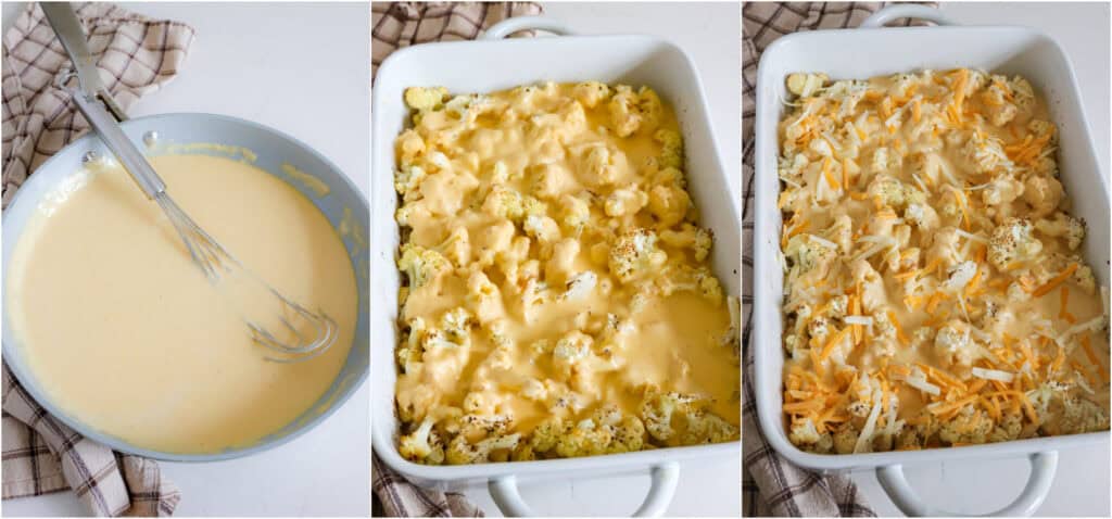 Some of the steps to maiking cauliflower mac and cheese. Stir in the garlic powder, onion powder, ground cayenne, and most of the cheese in several increments until smooth. Pour the cheese mixture over the roasted cauliflower. Sprinkle with the remaining cheese and bake for about 20 minutes.
