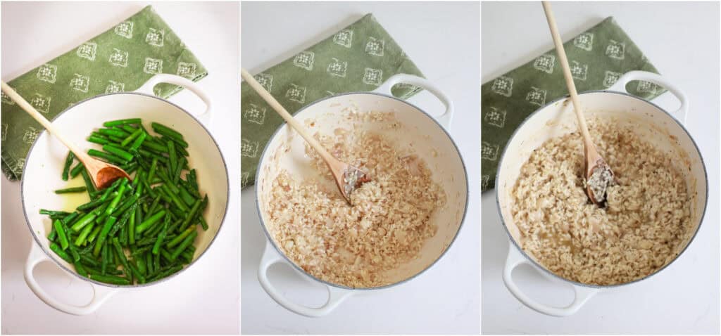 Some of the steps to making aspragus risotto. In a medium sized pot over medium heat, melt some butter and heat a little olive oil. Add the asparagus and cook until it is crisp-tender, stirring a couple of times. Remove from the heat and plate the asparagus, leaving the fat in the pot.
Add the shallots and cook for a couple of minutes, stirring frequently. Then, add the Arborio rice and cook just until it starts to lightly brown, stirring constantly. Add the wine and cook until evaporated, stirring frequently. Add the warmed vegetable stock about 1/3 to 1/2 cup at a time, stirring frequently and cooking until the liquid is evaporated after each addition of broth.