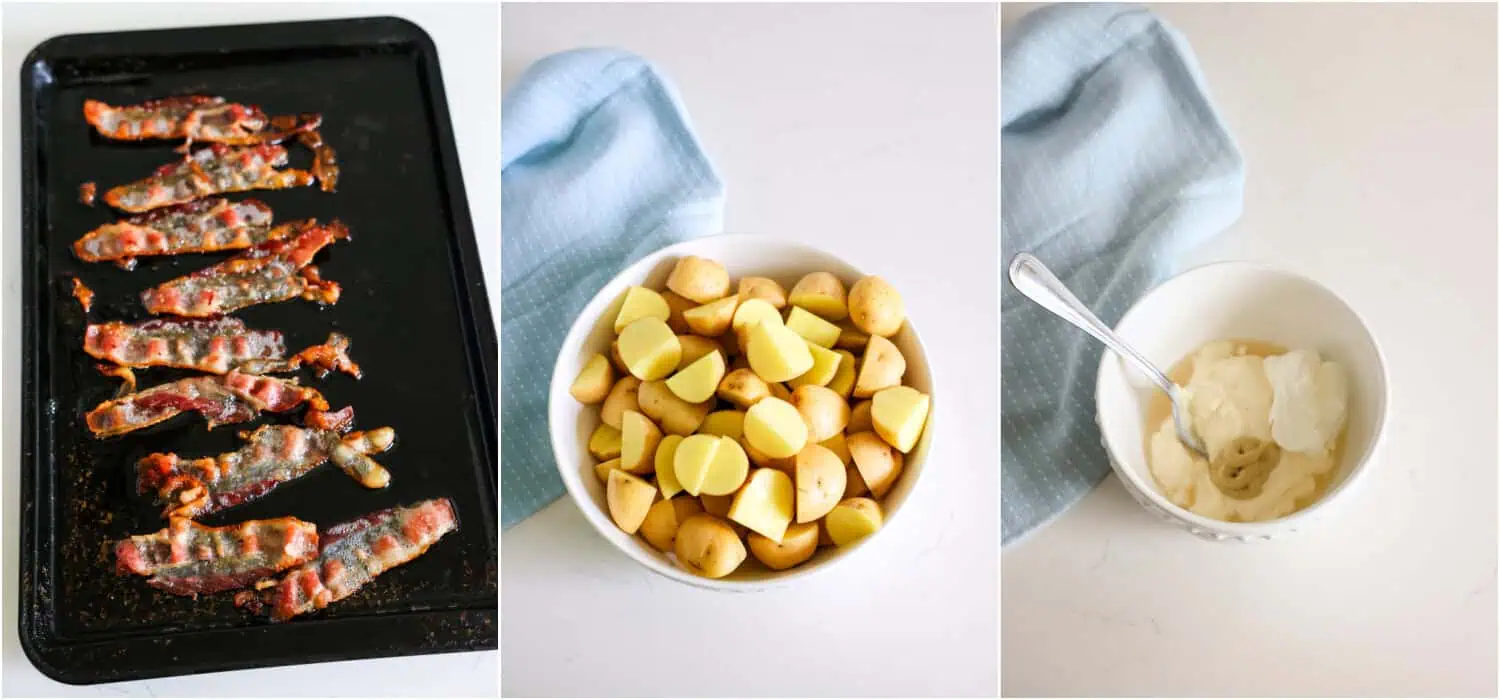 Some of the steps to making loaded baked potato salad. Lay the bacon in a single layer on a large baking sheet. Bake for 12-17 minutes or until crispy. Remove the bacon from the baking sheet and place it on paper towels to drain. Do not discard the grease.   Cut the potatoes in half or quarters. Stir the mayonnaise, sour cream, mustard, and vinegar together in a medium bowl. 