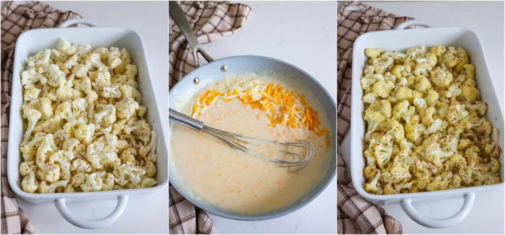 Some of the steps to make cauliflower mac and cheese. Drizzle the cauliflower with olive oil and sprinkle it with salt and pepper. Roast it for about 20 minutes. While it is roasting, make the cheese sauce. Melt the butter over medium-low heat. Whisk in the flour and cook for 2-3 minutes, while whisking. Slowly whisk in the milk until smooth. Continue cooking and whisking several times until thickened. 