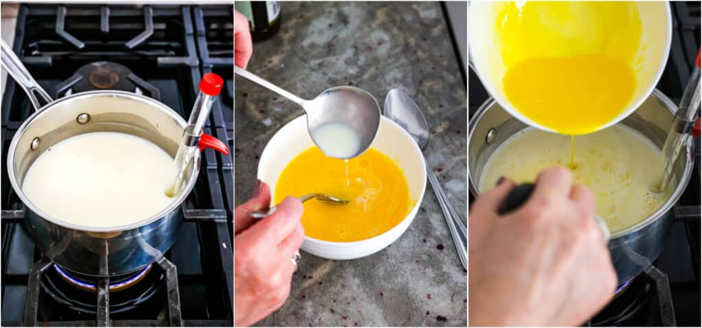 Some of the steps for making coffee ice cream. Add the granulated sugar, milk, cream, and salt to a large saucepan. Attach a clipable thermometer. Cook over medium heat, stirring frequently until the sugar dissolves and the mixture is hot. Do not boil the mixture.
Add a ladle of the hot mixture to the beaten egg yolks while whisking. Repeat this several times until the egg yolks are warmed. Now, slowly drizzle the warmed egg yolks into the milk mixture while whisking.