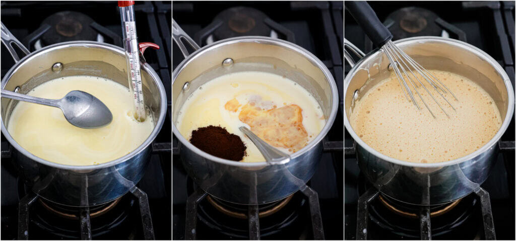 Some of the steps for making coffee ice cream. Cook over medium-low heat, scraping the corners and bottom of the pan. Stir until the mixture thickens enough to coat the back of a spoon and reaches between 170-180°F. Whisk in the vanilla extract and the instant coffee.