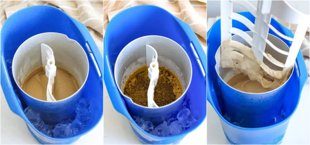 Some of the steps for making coffee ice cream.Add the ice cream mixture to an electric ice cream maker and follow the manufacturer's instructions. Once churned to soft serve, add the chopped chocolate and churn for a few more minutes.  