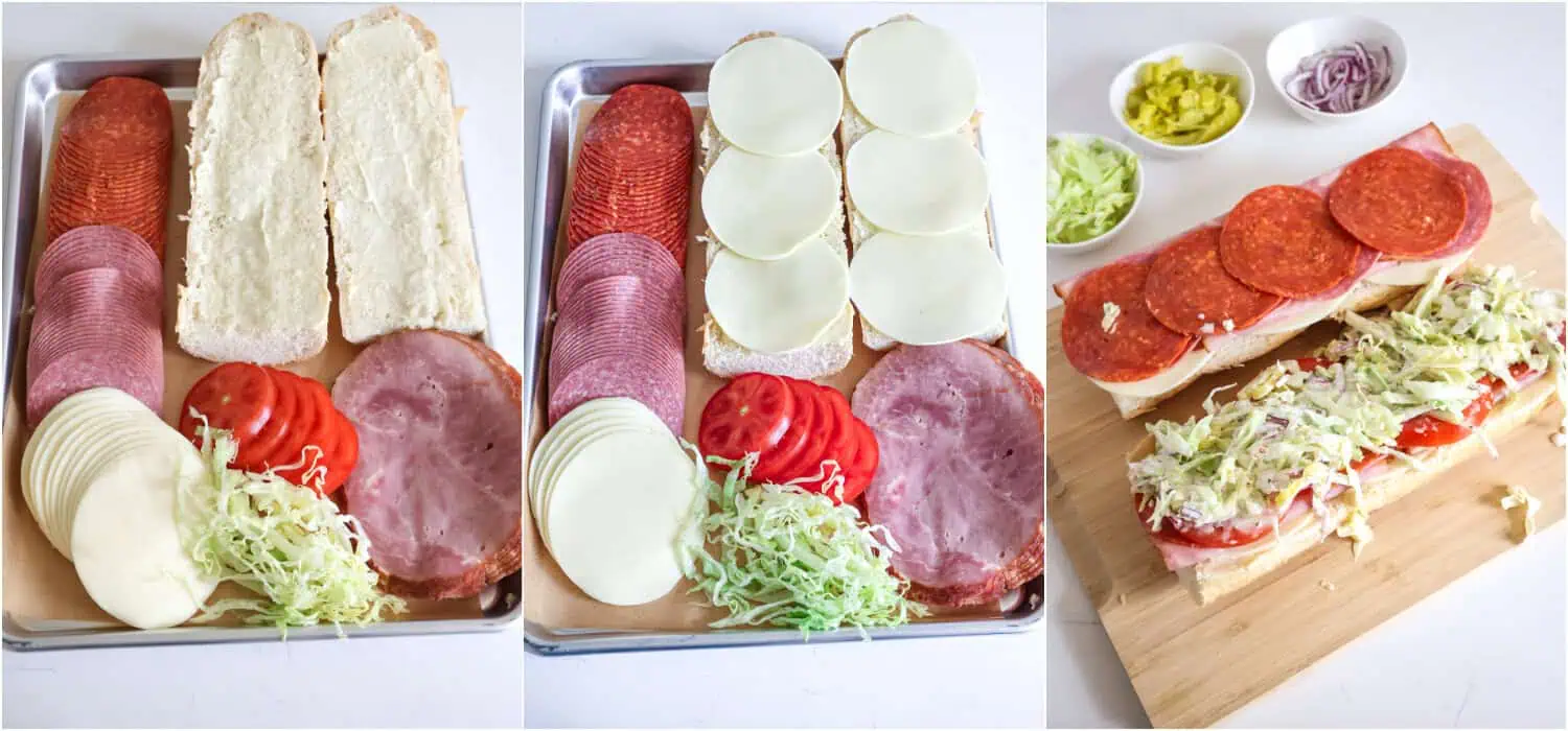 Some of the steps to making Italian grinder sandwiches. Cut the Italian loaf in half lengthwise and spread both sides with a thin layer of mayo. Layer the cheese on both sides to create a little bit of a moisture barrier for the bread. Add the meats on both sides and top the bottom side with sliced tomatoes and the mixed iceberg lettuce salad. 