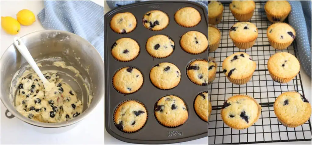 Some of the steps to making blueberry muffins. Remove the bowl from the stand mixer and gently fold in the blueberries. Divide the muffin batter evenly between the liners. I like to use a 3-tablespoon scoop to make it even and easy. Bake for 20-25 minutes or until a toothpick inserted in the center comes out clean.