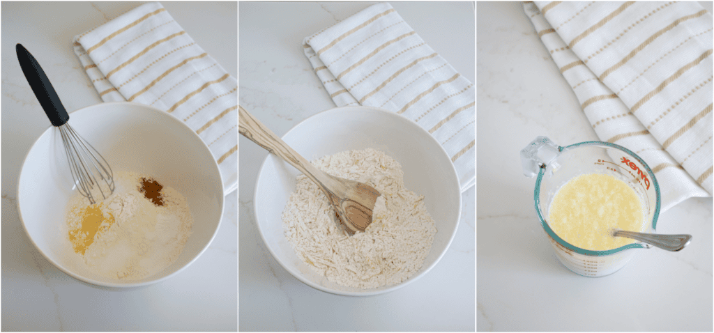 Some of the steps to making cheddar bay biscuits. First, whisk the flour, baking powder, sugar, garlic powder, salt, and ground cayenne pepper in a large bowl. Stir in the shredded cheddar cheese. Then, stir the melted butter into the cold buttermilk. The butter will congeal some. 