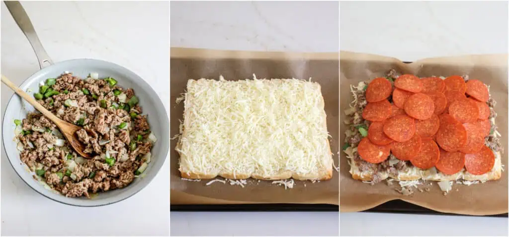 Some of the steps for making pizza sliders. First, brown the Italian sausage in a skillet over medium heat. When it is about halfway browned, add the onion and bell pepper and cook until the sausage browns and the onion and pepper soften. Carefully remove any excess fat.

Slice the Hawaiian buns in half without separating them. Sprinkle the bottom half with half of the shredded mozzarella. Layer it with the cooked sausage mixture and the pepperoni.