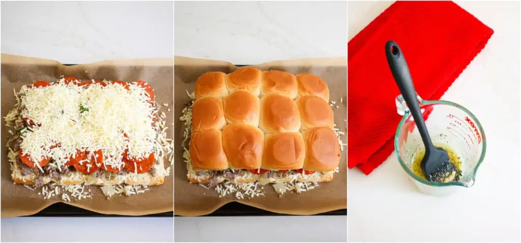Some of the steps for making pizza sliders. Add another layer of mozzarella using the remaining cheese and cover with the top buns. Mix the melted butter, garlic powder, Italian seasonings, and Parmesan cheese. Brush over the top of the buns.