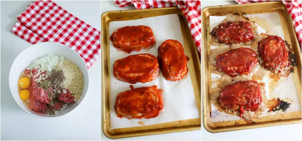 Some of the steps to making mini meatloaves. In a large bowl, combine the ground beef, onion, garlic, eggs, barbecue sauce, Italian seasoning, marjoram, salt, black pepper, panko breadcrumbs, and milk. Gently mix the ingredients with your clean hands. Cover a baking sheet with parchment paper for easier cleanup. Shape the ground beef mixture into 4-6 mini meatloaves. Mix the ketchup, brown sugar, and apple cider vinegar together in a small bowl. Spread a thin layer of glaze over the top of the meatloaves and bake.