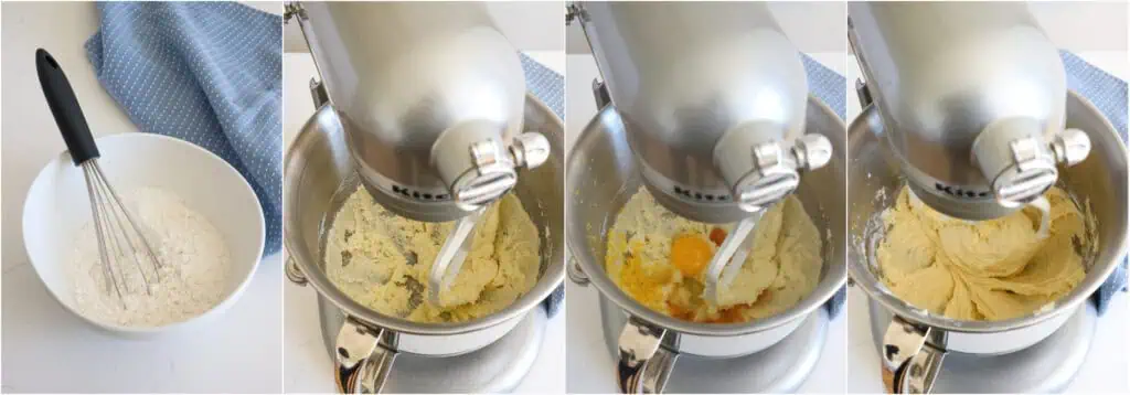 Some of the steps to making blueberry muffins. In a medium bowl, whisk the flour, baking powder, and salt. Using a stand mixer with the paddle attachment or a handheld mixer on medium speed, cream the granulated sugar and butter until smooth and fluffy. Reduce the speed to low and add the egg, vanilla extract, lemon zest, and lemon juice. Mix just until incorporated. Add the milk and flour mixture in three intervals, alternating between the two. Scrape down the bowl and beater when needed.