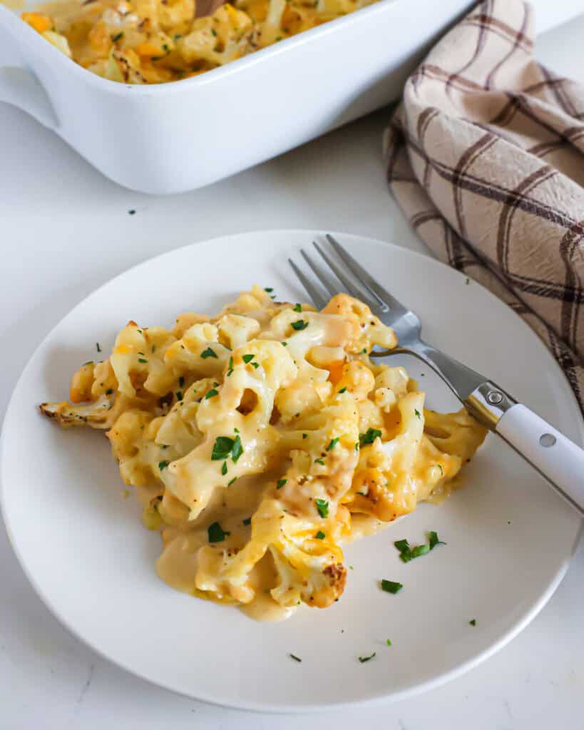 A single serving plate full of cauliflower mac and cheese. 