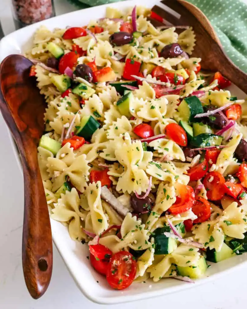 A close up view of Greek pasta salad. 