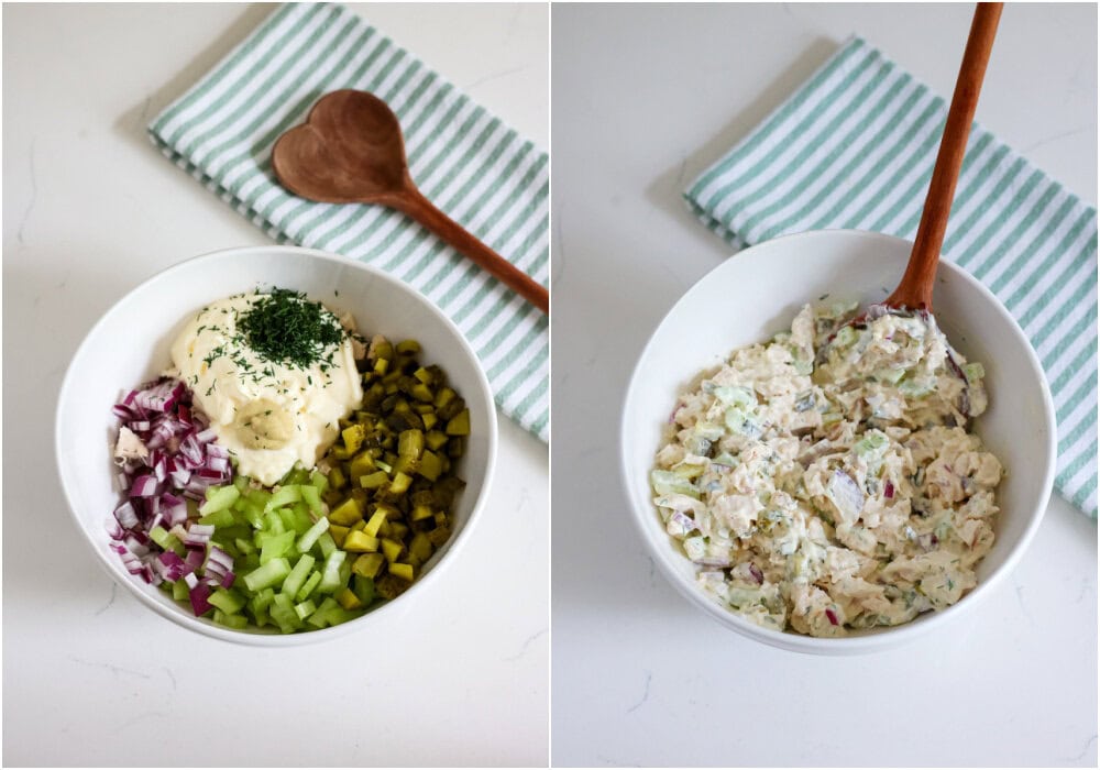 Some of the steps to making dill pickle chicken salad. Combine the chicken, celery, red onion, dill pickles, mayonnaise, mustard, and fresh dill. Stir in 1-2 tablespoons of pickle juice. 