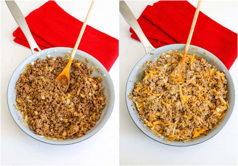 Some of the steps for making beef taquitos. Brown the ground beef in a large skillet over medium heat. About halfway through the browning process, add the onion and cook until the onion is soft. Reduce the heat to low and stir in the chili powder, smoked paprika, ground cumin, garlic powder, and dried oregano. Stir in the cream cheese and cook over low heat until melted. Remove from the heat and stir in the sour cream.