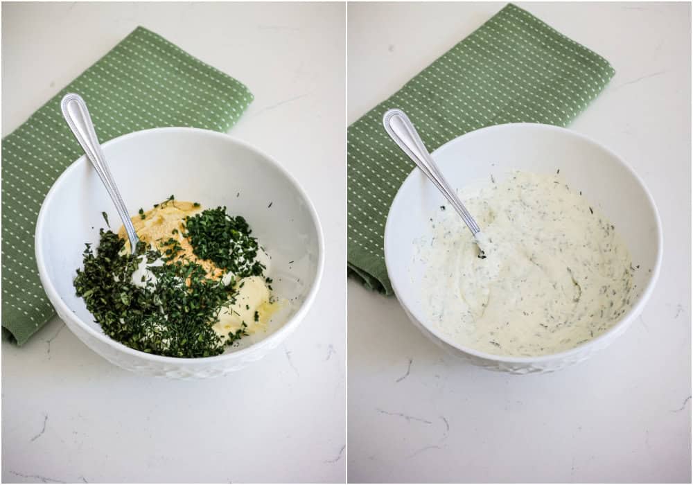 Some of the steps for making BLT pasta salad.  Mix the mayo, sour cream, garlic powder, onion powder, and fresh herbs in a medium bowl.