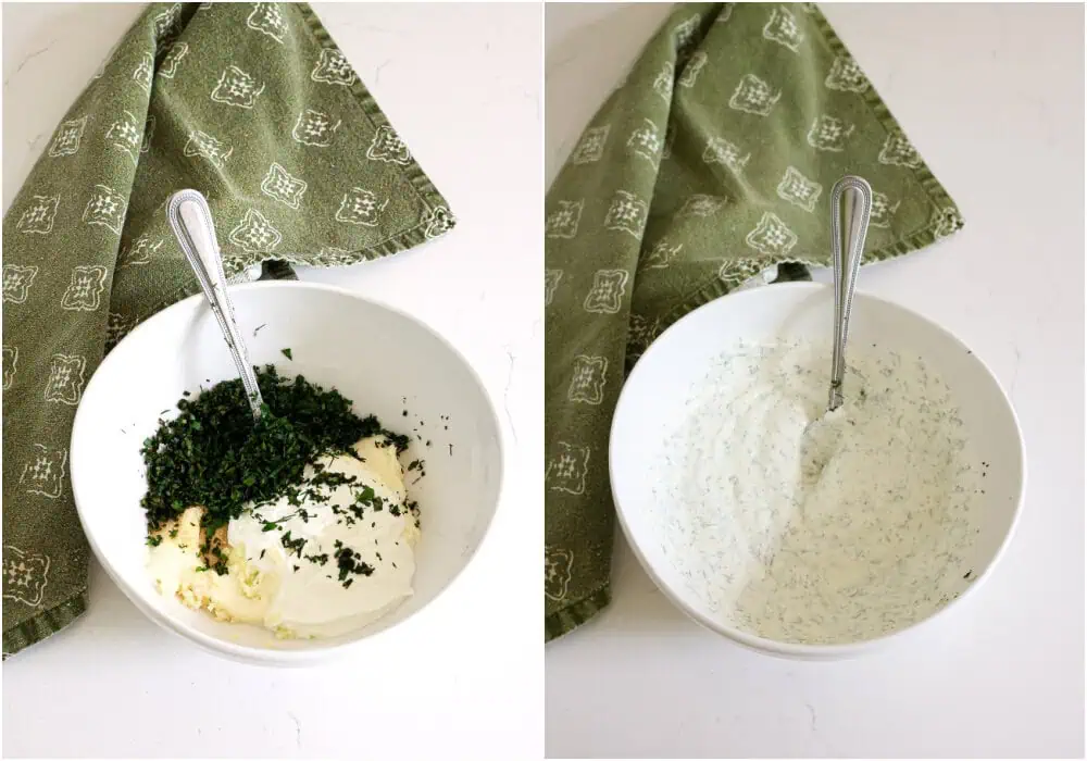 Some of the steps for making bacon ranch pasta salad. Mix the mayo, sour cream, garlic powder, onion powder, and fresh herbs in a medium bowl.