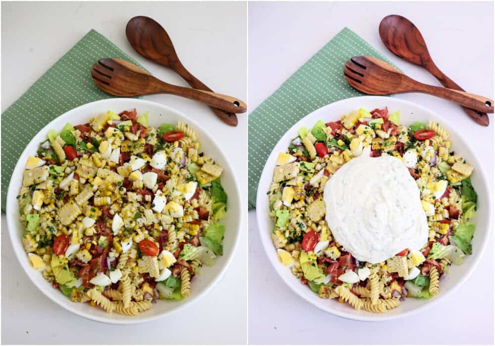 Some of the steps for making BLT pasta salad. Add the cooked and drained rotini, cooked and chopped bacon, lettuce, tomatoes, red onion, corn, and hard-boiled eggs to a large bowl. Pour the dressing over the top and toss to coat. Cover and refrigerate until ready to serve.