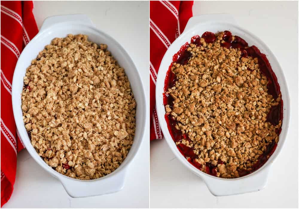 Some of the steps to making cherry crumble. Spoon the cherry pie filling into a two-quart casserole dish and sprinkle the topping over it. Bake for about 30 minutes or until bubbly and golden brown.