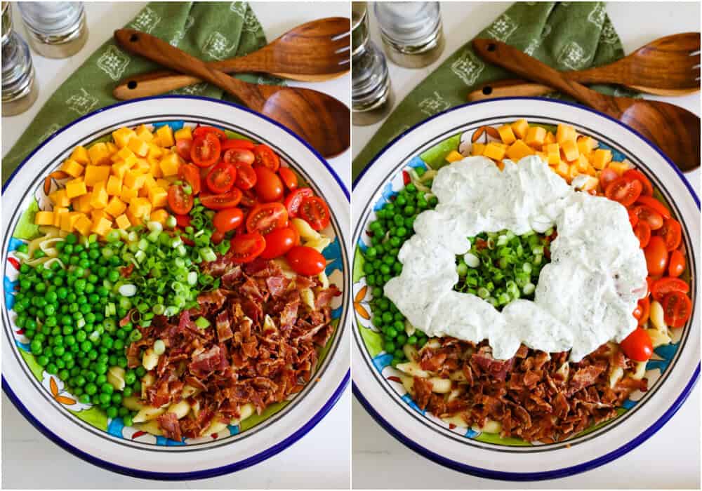 Some of the steps for making bacon ranch pasta salad. Add the cooked and drained pasta, cooked and chopped bacon, tomatoes, peas, cheddar, and green onion to a large bowl. Pour the dressing over the top and toss to coat. Cover and refrigerate until ready to serve.
