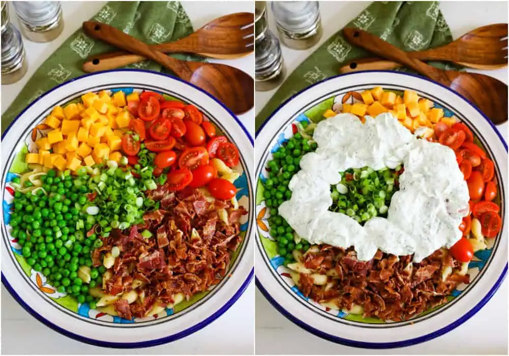 Some of the steps for making bacon ranch pasta salad. Add the cooked and drained pasta, cooked and chopped bacon, tomatoes, peas, cheddar, and green onion to a large bowl. Pour the dressing over the top and toss to coat. Cover and refrigerate until ready to serve.
