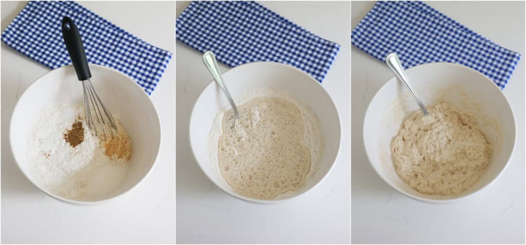 Some of the steps to making beer bread. First, mix the flour, baking powder, salt, garlic powder, cumin, and sugar in a large bowl. Pour the beer over the mixture and mix just until combined. Do not over-mix.