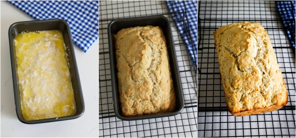 Some of the steps to making beer bread. Spoon the mixture into the loaf pan. Pour the melted butter over the bread. Bake for about 50 minutes or until set and lightly browned. Move the loaf pan to a wire rack to cool for 10 minutes. Invert the pan and remove the loaf. Let it cool for 20 minutes before slicing into it.