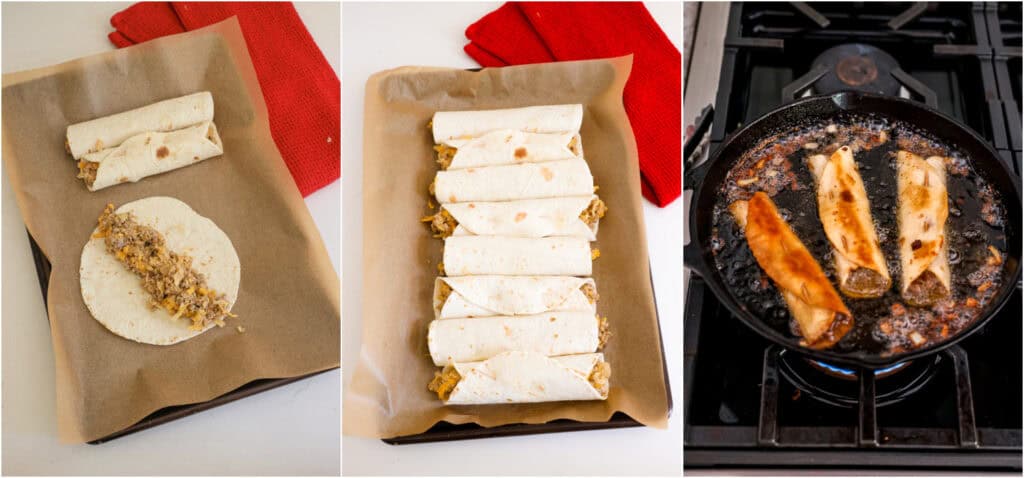 Some of the steps for making beef taquitos. Spoon a few tablespoons of the chicken mixture in a line down the middle of a tortilla. Roll the tortilla tightly and secure it with a toothpick. Heat about 1-1 1/2 inches of oil in a cast iron skillet or heavy pot like a Dutch oven. Using tongs, carefully add a few taquitos and fry until golden brown on all sides.