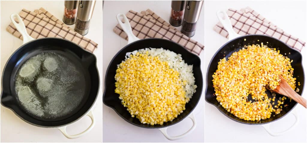 Some of the steps for making fried corn. Melt the bacon fat and butter in a large cast-iron skillet over medium heat. Add the onion and corn and cook, stirring frequently, until the onions are soft and the corn is tender and lightly browned, about 8-10 minutes. 