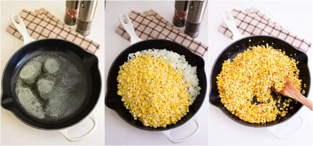 Some of the steps for making fried corn. Melt the bacon fat and butter in a large cast-iron skillet over medium heat. Add the onion and corn and cook, stirring frequently, until the onions are soft and the corn is tender and lightly browned, about 8-10 minutes. 
