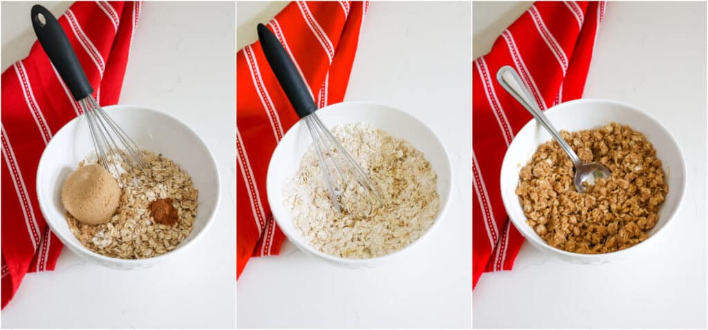 Some of the steps to making cherry crumble. Whisk the rolled oats, flour, sugar, salt, and cinnamon in a medium bowl. Drizzle in the melted butter and stir to combine.