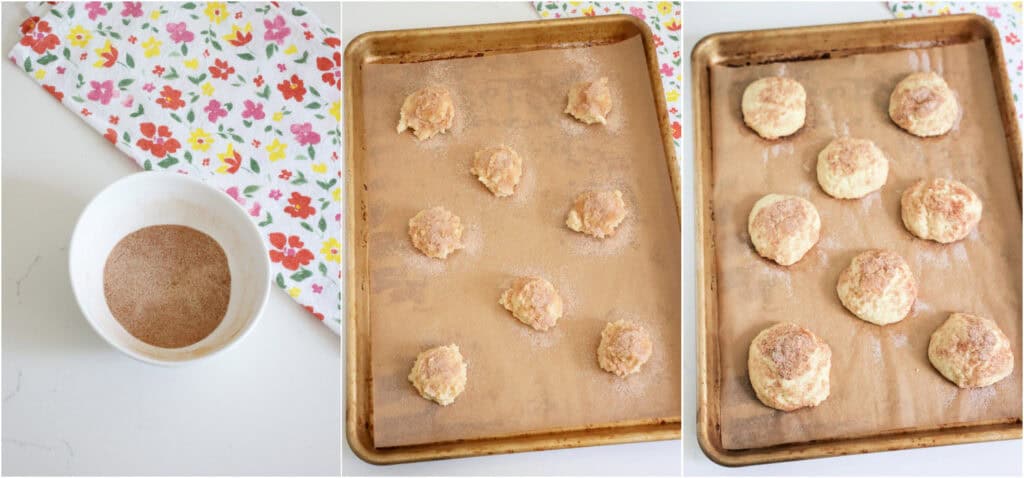 Some of the steps for making sour cream cookies. Mix the sugar and ground cinnamon in a bowl. Using a 1 1/2 tablespoon cookie scoop, put the dough balls on a parchment paper-covered baking sheet about 2 1/2 inches apart. Sprinkle the dough balls with the cinnamon sugar and bake for 10-11 minutes.