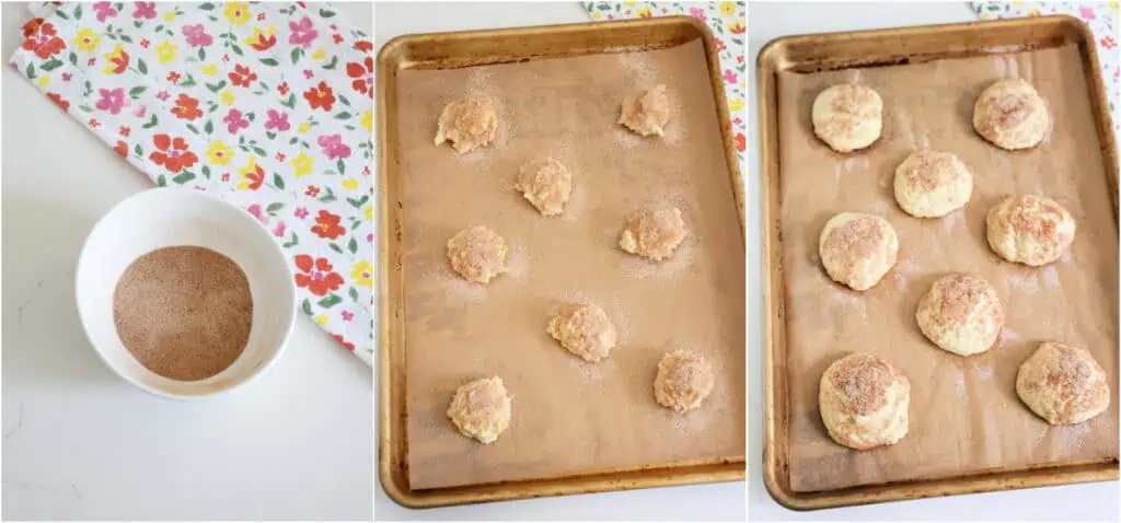Some of the steps for making sour cream cookies. Mix the sugar and ground cinnamon in a bowl. Using a 1 1/2 tablespoon cookie scoop, put the dough balls on a parchment paper-covered baking sheet about 2 1/2 inches apart. Sprinkle the dough balls with the cinnamon sugar and bake for 10-11 minutes.