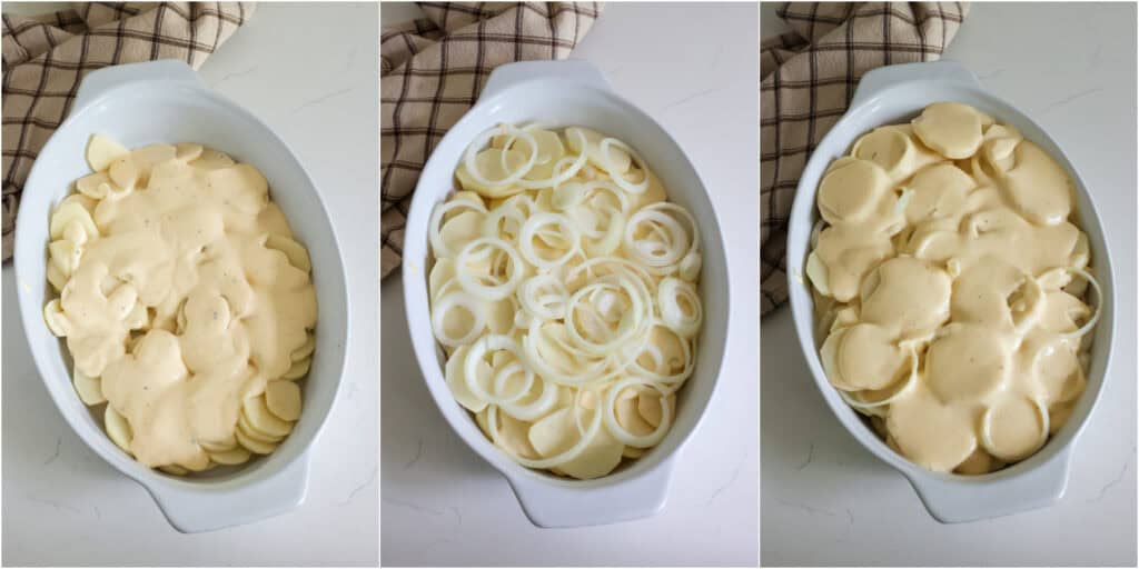 Some of the steps to making au gratin potatoes. Add half the potatoes and spoon about 1/3 of the cheese sauce over the potatoes. Add the sliced onion and spoon another 1/3 of the cheese sauce over the onions. Top with the remaining potatoes and spoon the remaining cheese sauce over the potatoes.